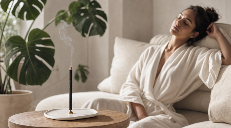 Woman relaxing with Serpentine incense burning beside her